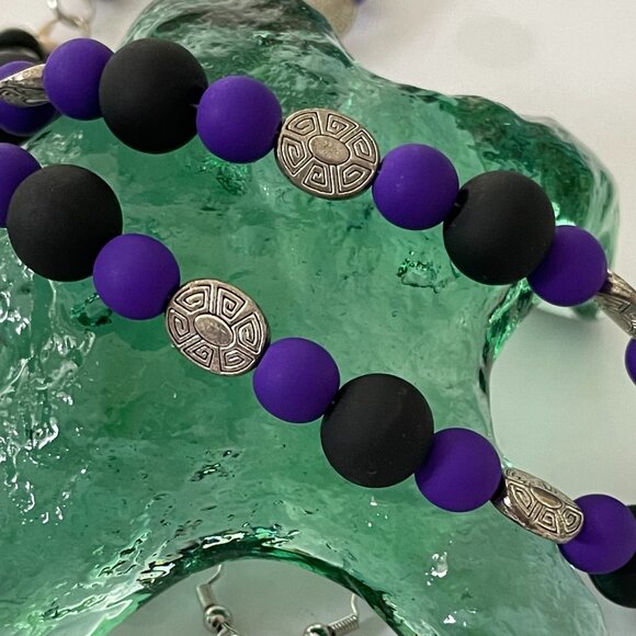 Necklace and Pierced Earring Set Purple Neon Czech Black Beads Aztec Sil… - Picture 4 of 4